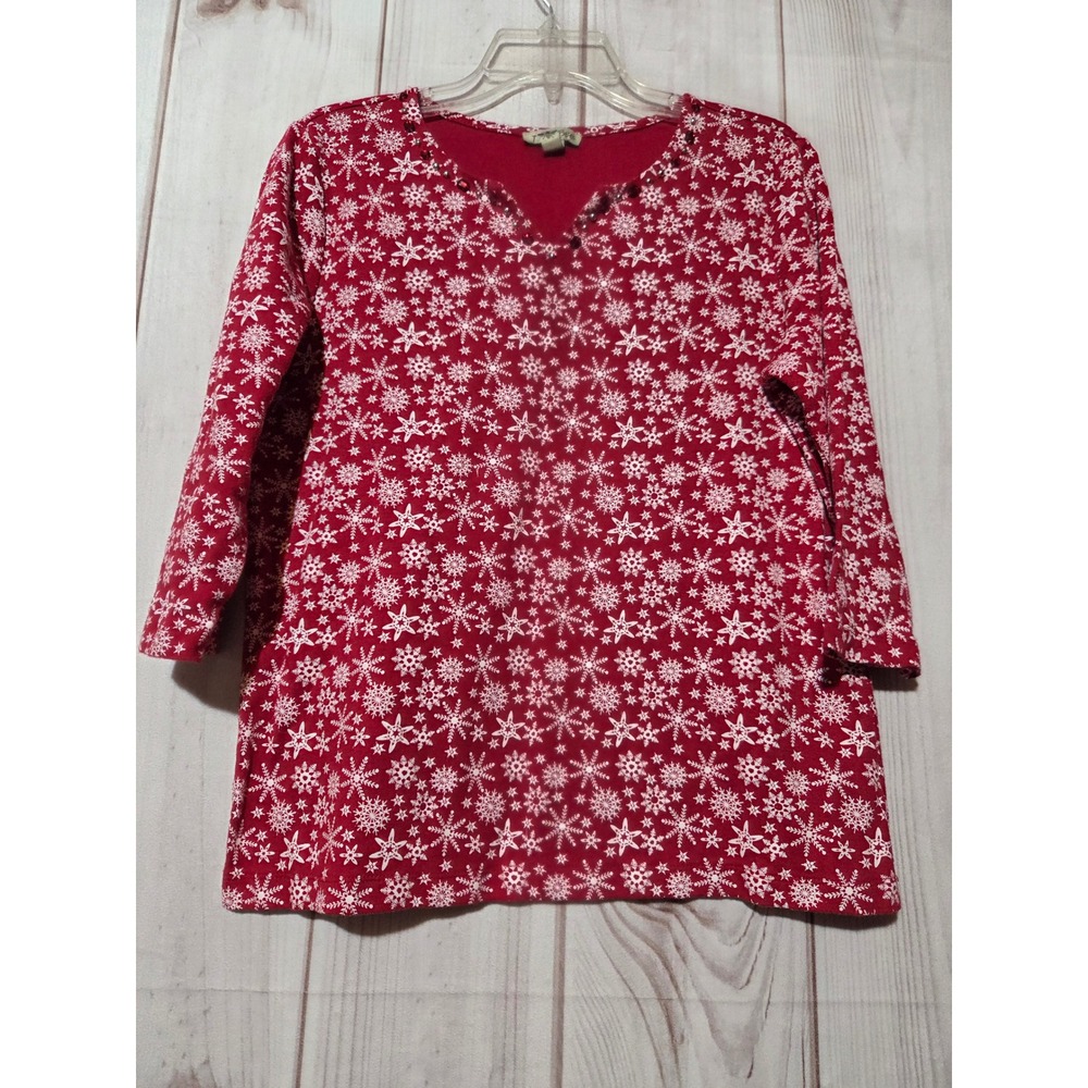 J Bee Womens Red Snowflake Holiday Top Beaded V-Neck 3/4 Sleeve Size M
